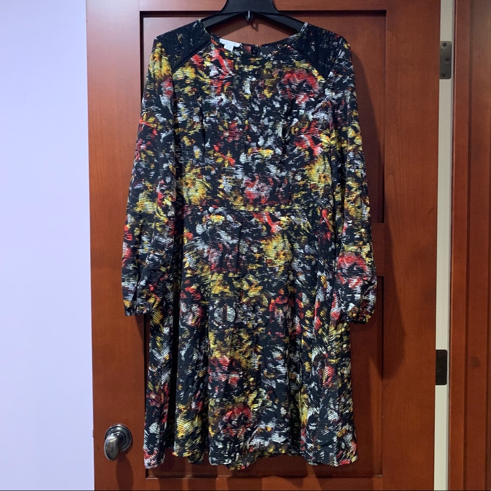 London Times Black Multicolored Dress, Long Sleeves Lace Trim Fit and Flare